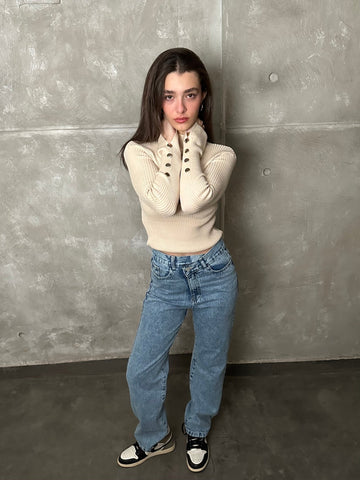 Beige Buttoned Basic Pullover - Mii