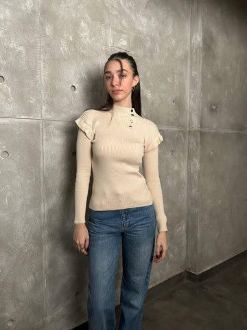 Beige Shoulder Fringe Basic Pullover - Mii