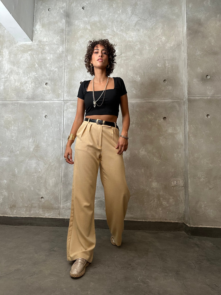 Beige Textured Low Waist Pants - Mii