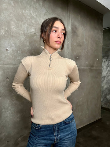 Beige Zipped Neck Basic Pullover - Mii