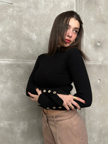 Black Buttoned Basic Pullover - Mii