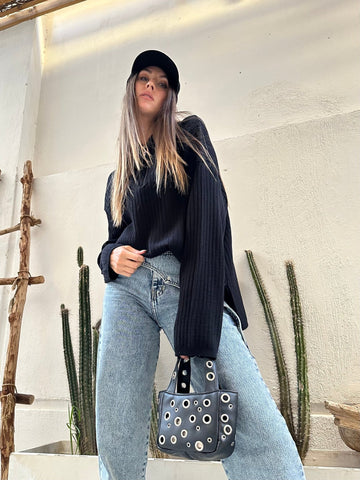 Black Flat Studs Mini Bag - Mii