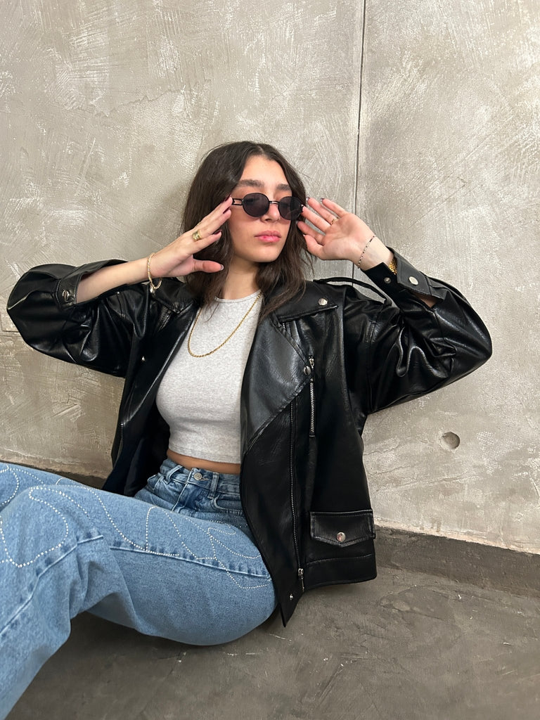 Black Leather Biker Jacket - Mii