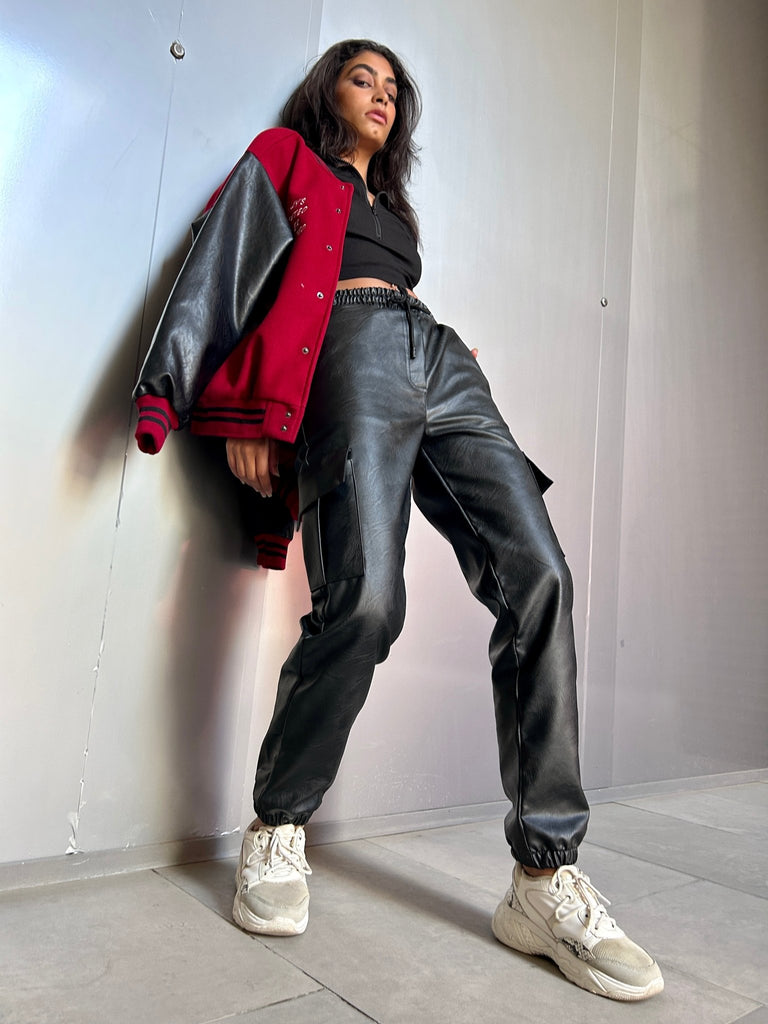 Black Leather Cargo Joggers - Mii