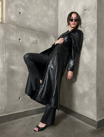 Black Leather Long full Length Coat - Mii