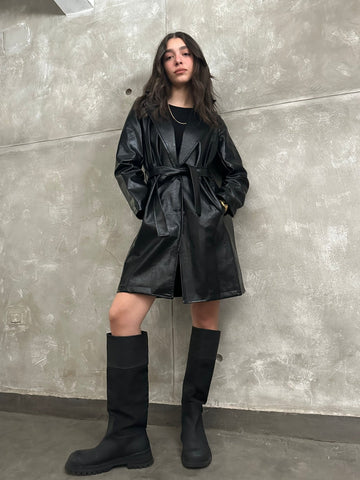 Black Leather Mid Length Coat - Mii