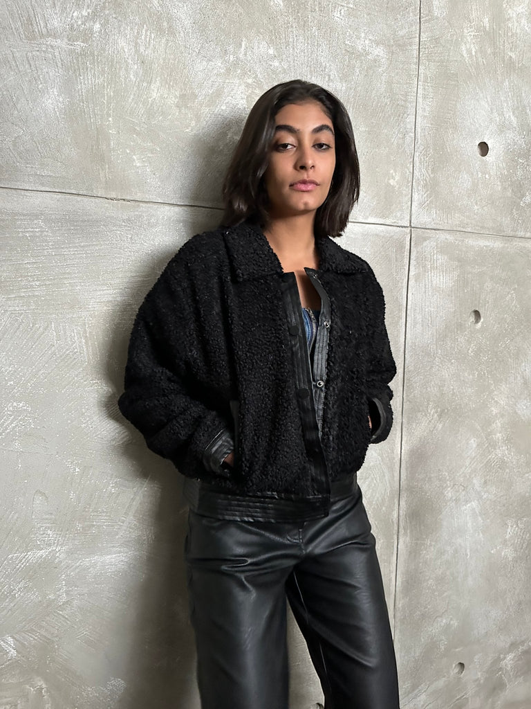 Black Leather Trim Jacket - Mii