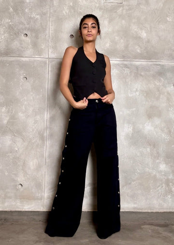 Black Side Snap Button Wide Leg Pants - Mii