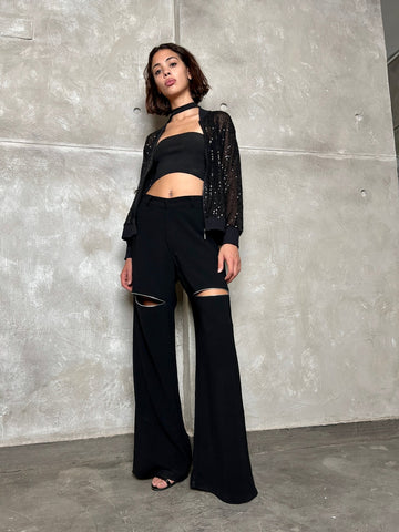 Black Silver Lined Slit Pants - Mii