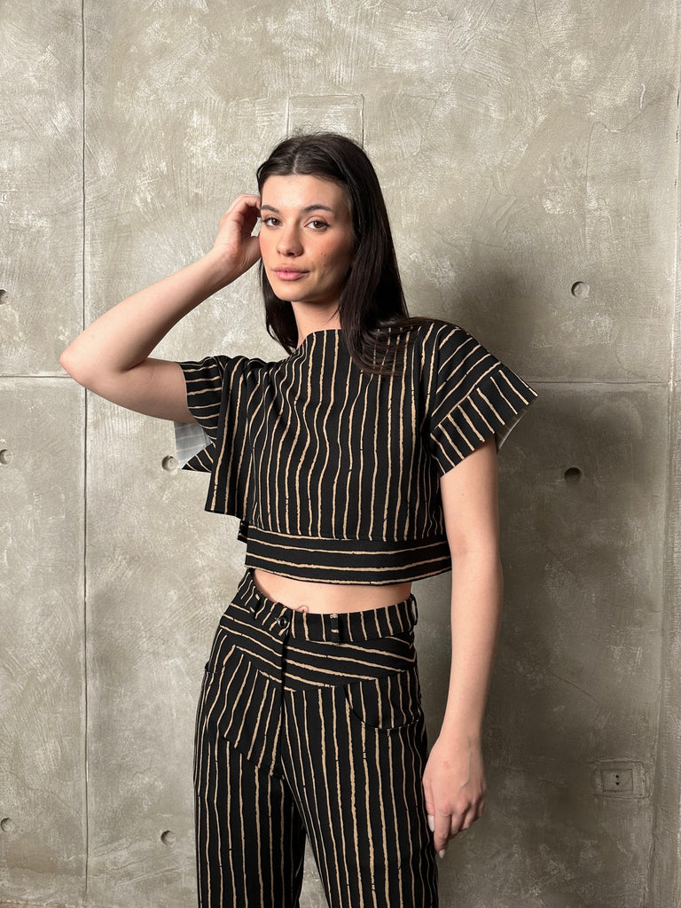 Black X Beige Striped Crop Top - Mii