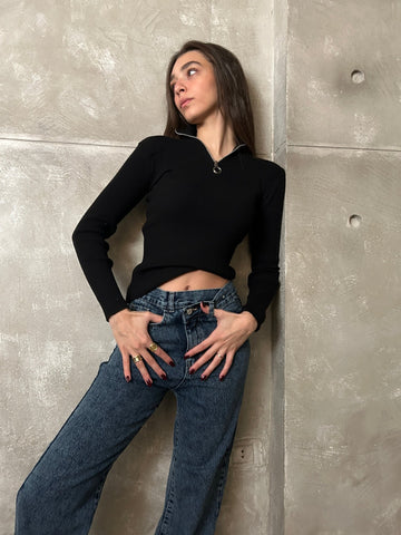 Black Zipped Neck Basic Pullover - Mii