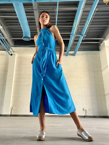 Blue Buttoned Linen Dress - Mii