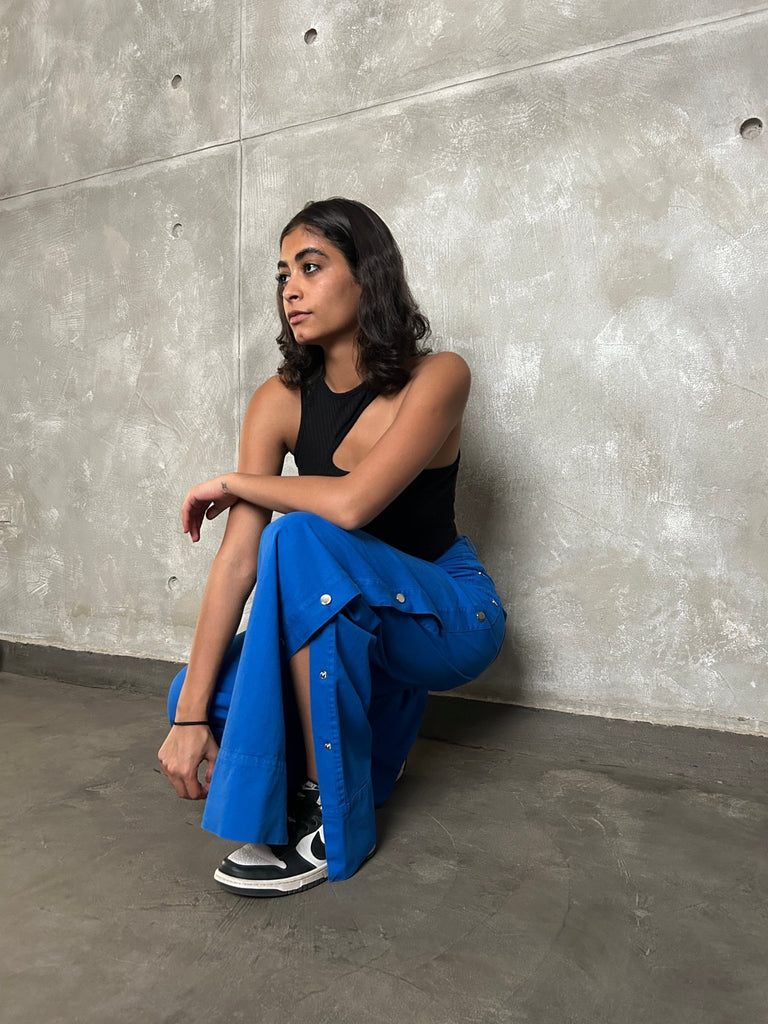 Blue Side Snap Button Wide Leg Pants - Mii