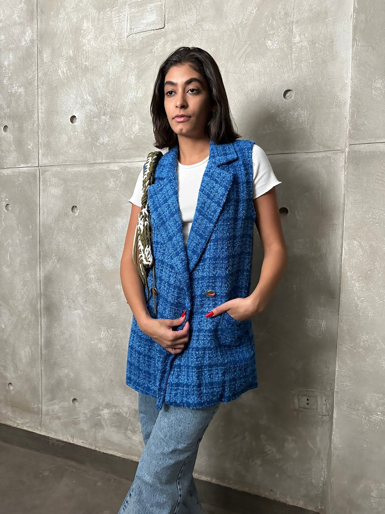 Blue Tweed Sleeveless Blazer - Mii