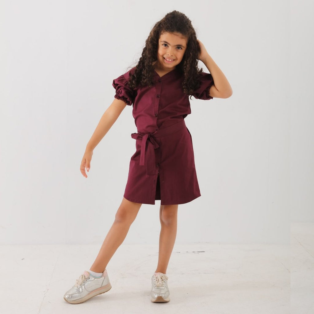 Burgundy Puff Sleeve Shirt Dress - Kids - Mii