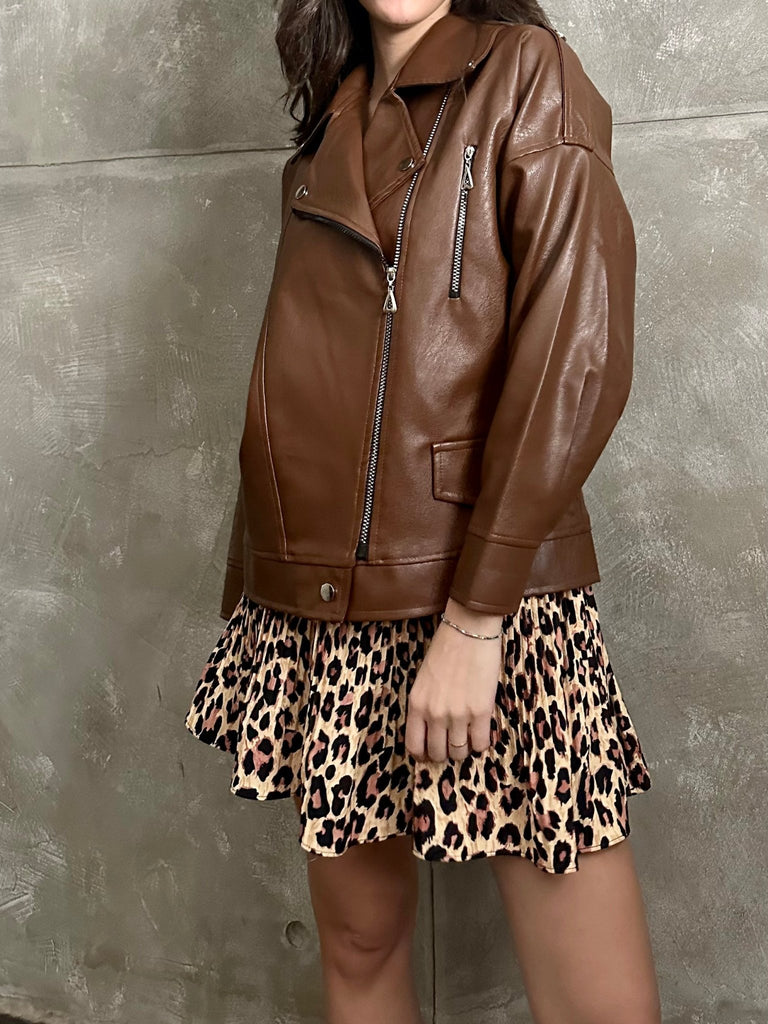 Camel Leather Biker Jacket - Mii
