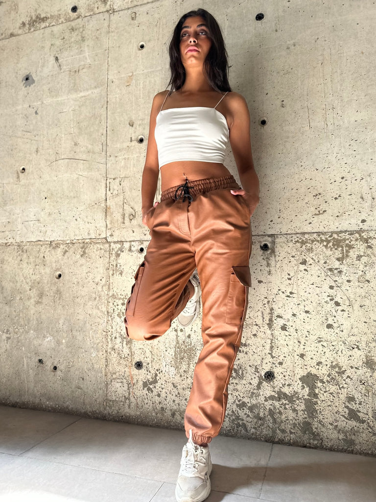 Camel Leather Cargo Joggers - Mii