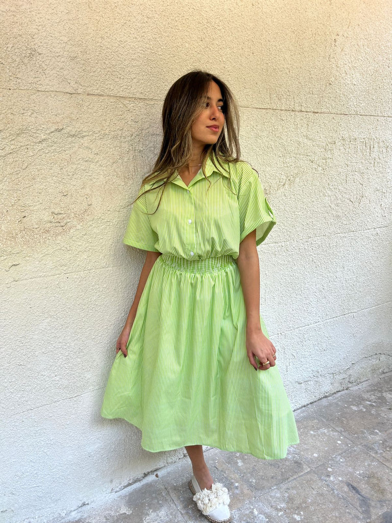 Green Buttoned Stripy Dress - Mii