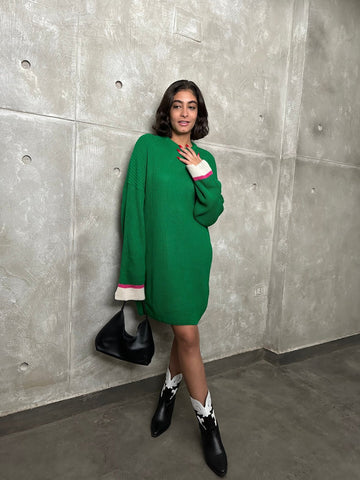 Green Color Block Sleeve Dress - Mii
