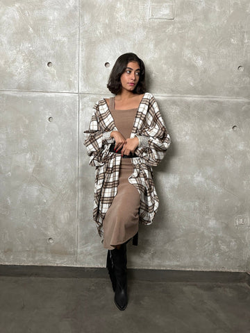 Off White Plaid Puncho - Mii