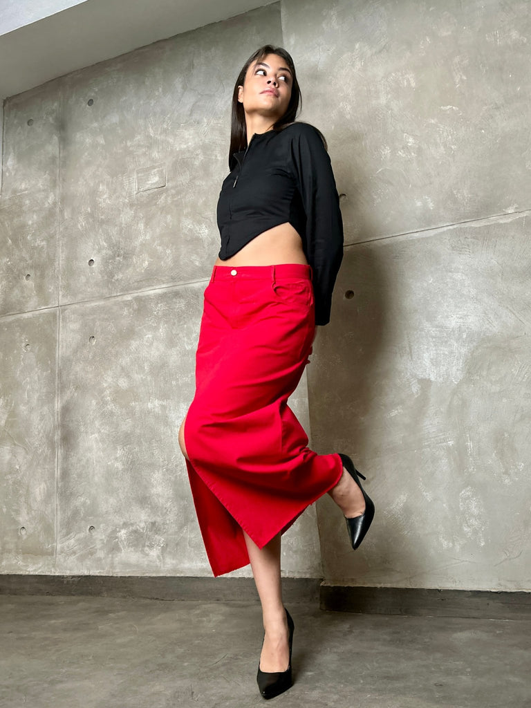 Red Front Slit Gabardine Maxi Skirt - Mii