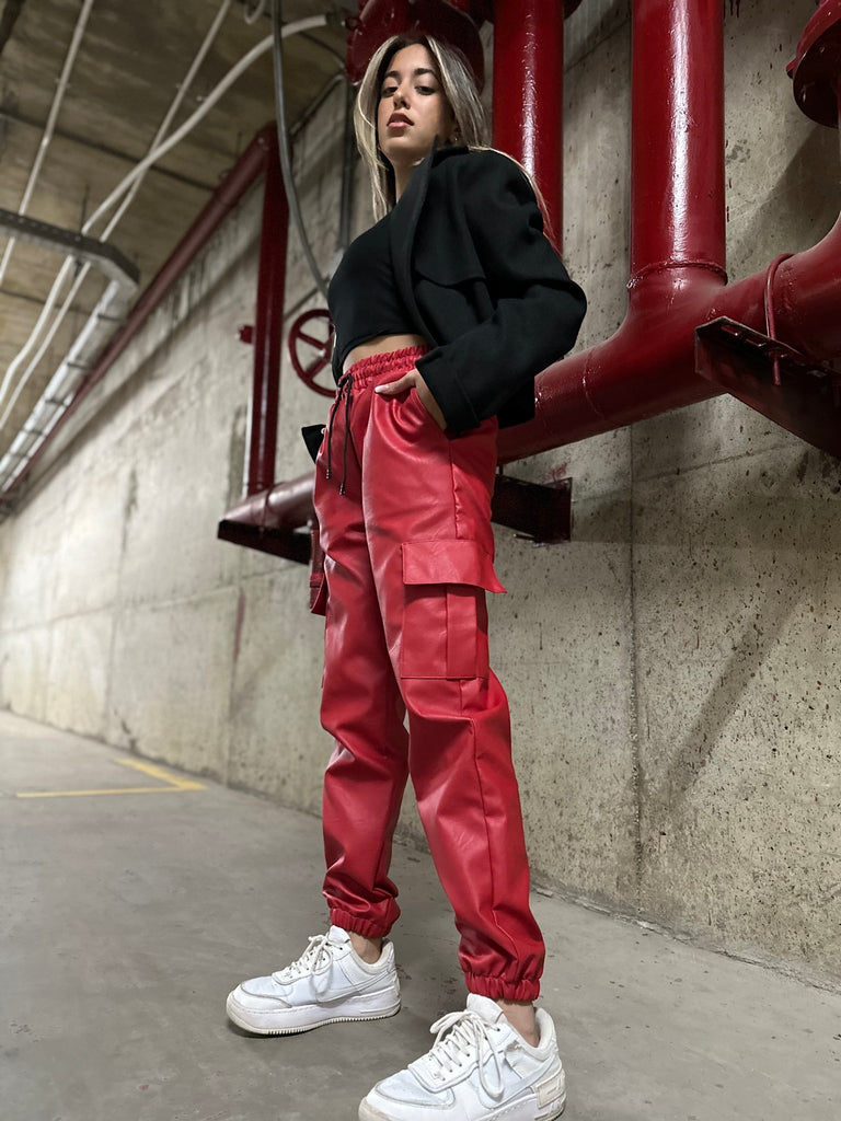 Red Leather Cargo Joggers - Mii