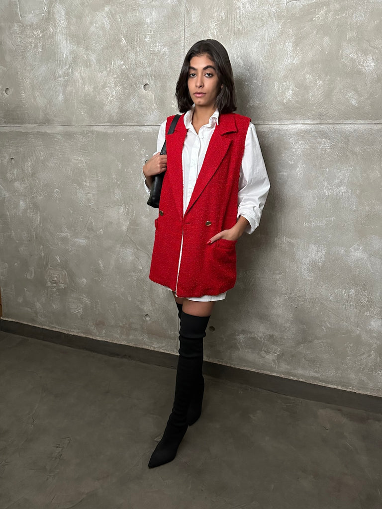 Red Tweed Sleeveless Blazer - Mii