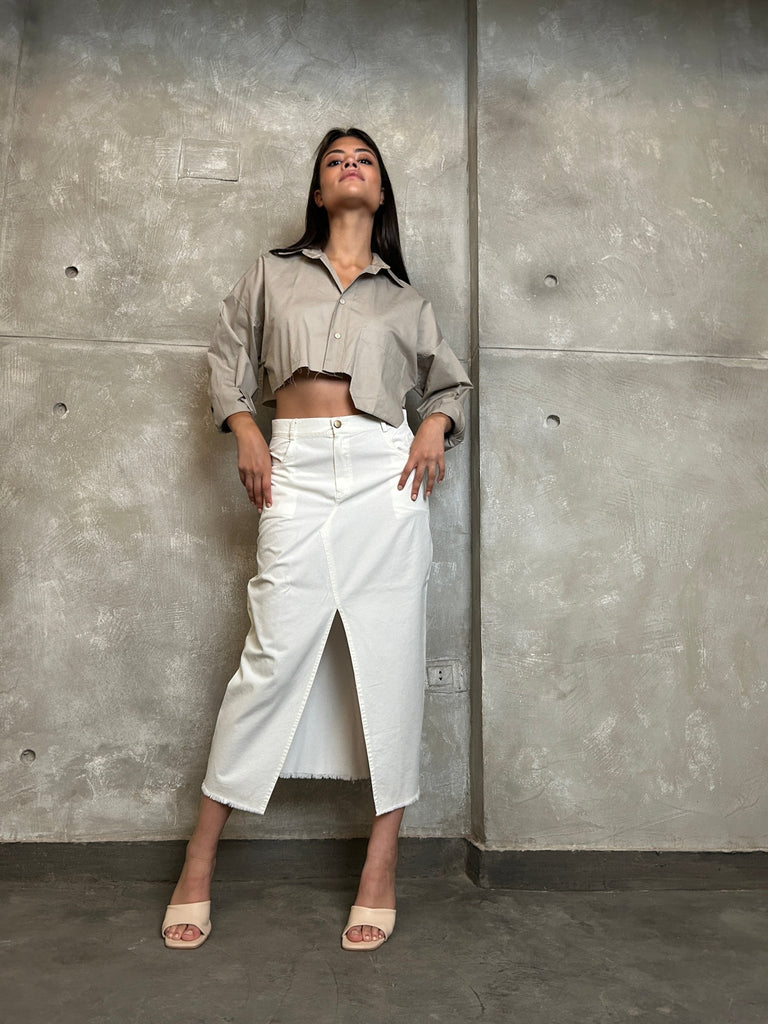 White Front Slit Gabardine Maxi Skirt - Mii